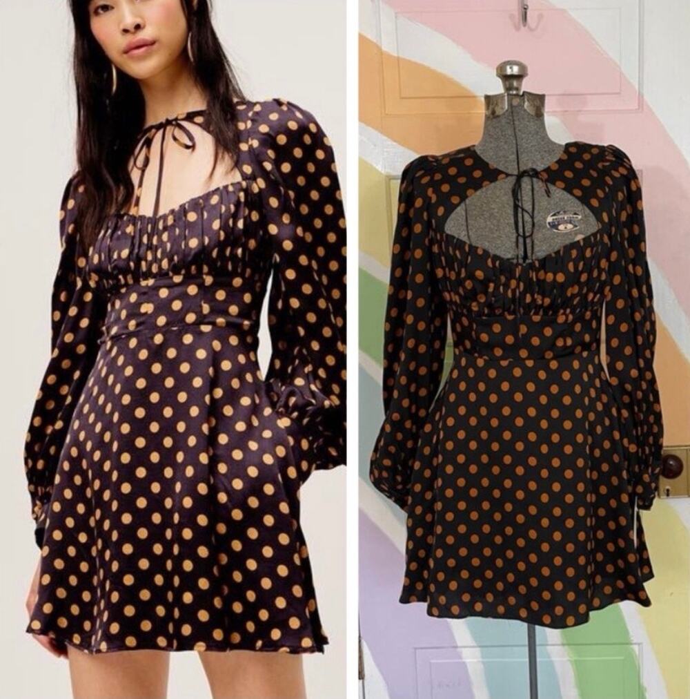✨ NWT For Love & Lemons Lark Black Gold Polka Dot Mini Dress Sz S